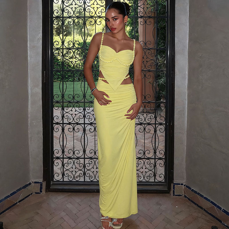 Women Clothing Summer Sexy Pleated Camisole Slim Sheath Skirt Set Women