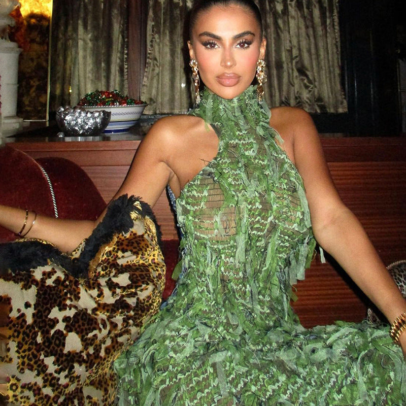 Ropa de otoño para mujer, sexy, cuello alto, sin mangas, con borlas, transparente, cintura alta, ajustada