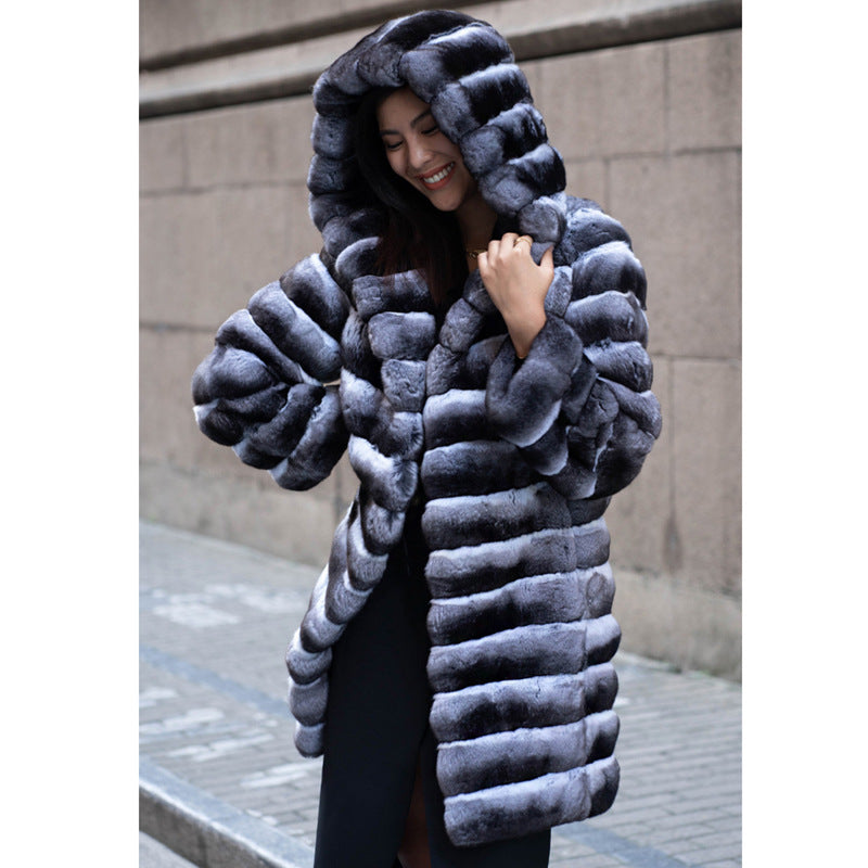 Women Fur Coat Winter Warm Artificial Mink Hair Marten Overcoats Casual Mid-Length Thick Hooded Fur Trench Coat