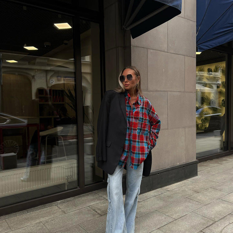 Fall Collared Long Sleeve Top Women Retro Loose Single Row Multi Buckle Plaid Shirt Women