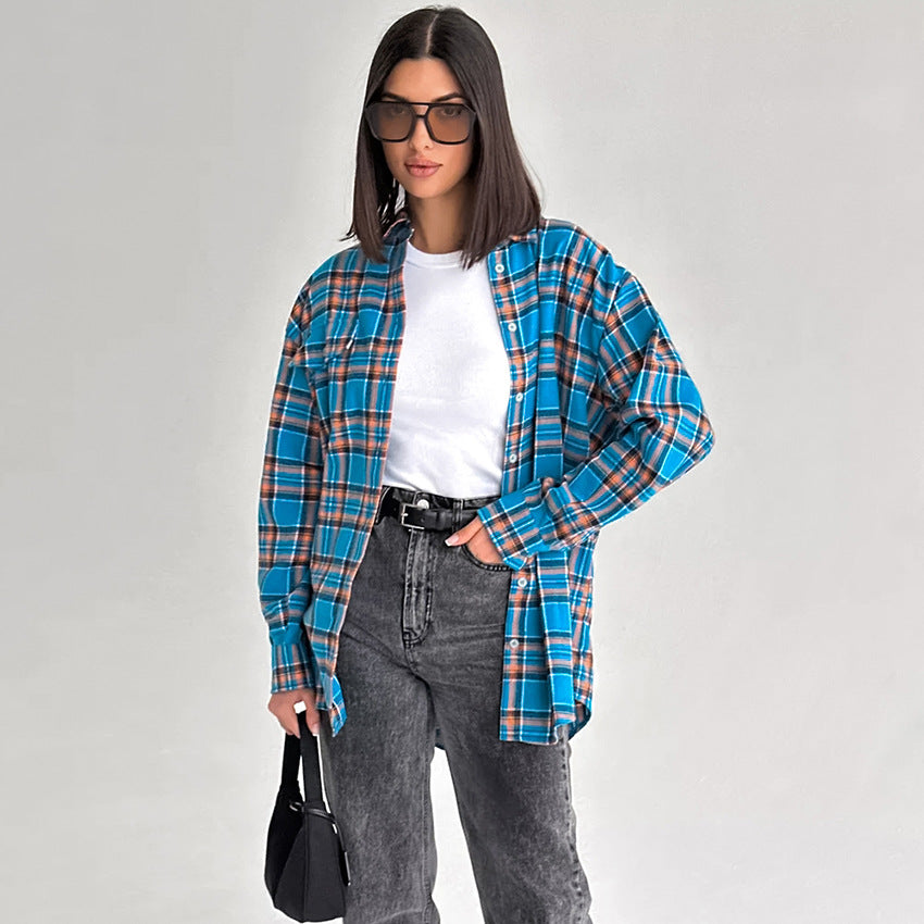 Summer Loose Street Plaid Women Shirt Casual Top for Women