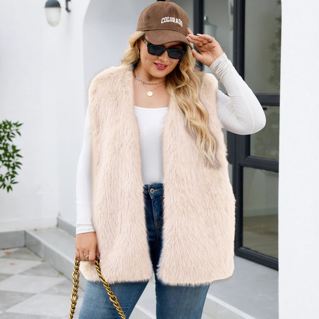 Plus Size Women Clothing Faux Fur V neck Vest Coat Sleeveless Vest