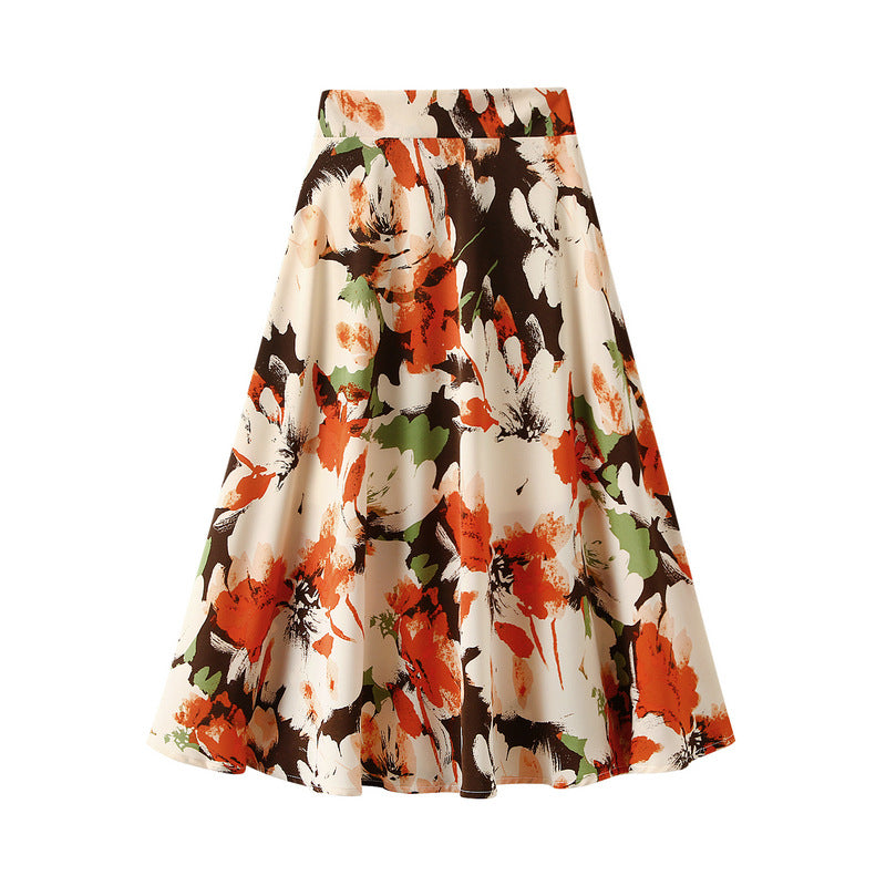 Women Floral Skirt Summer High Waist Slimming Drape Mid Length Retro A Line Umbrella Skirt