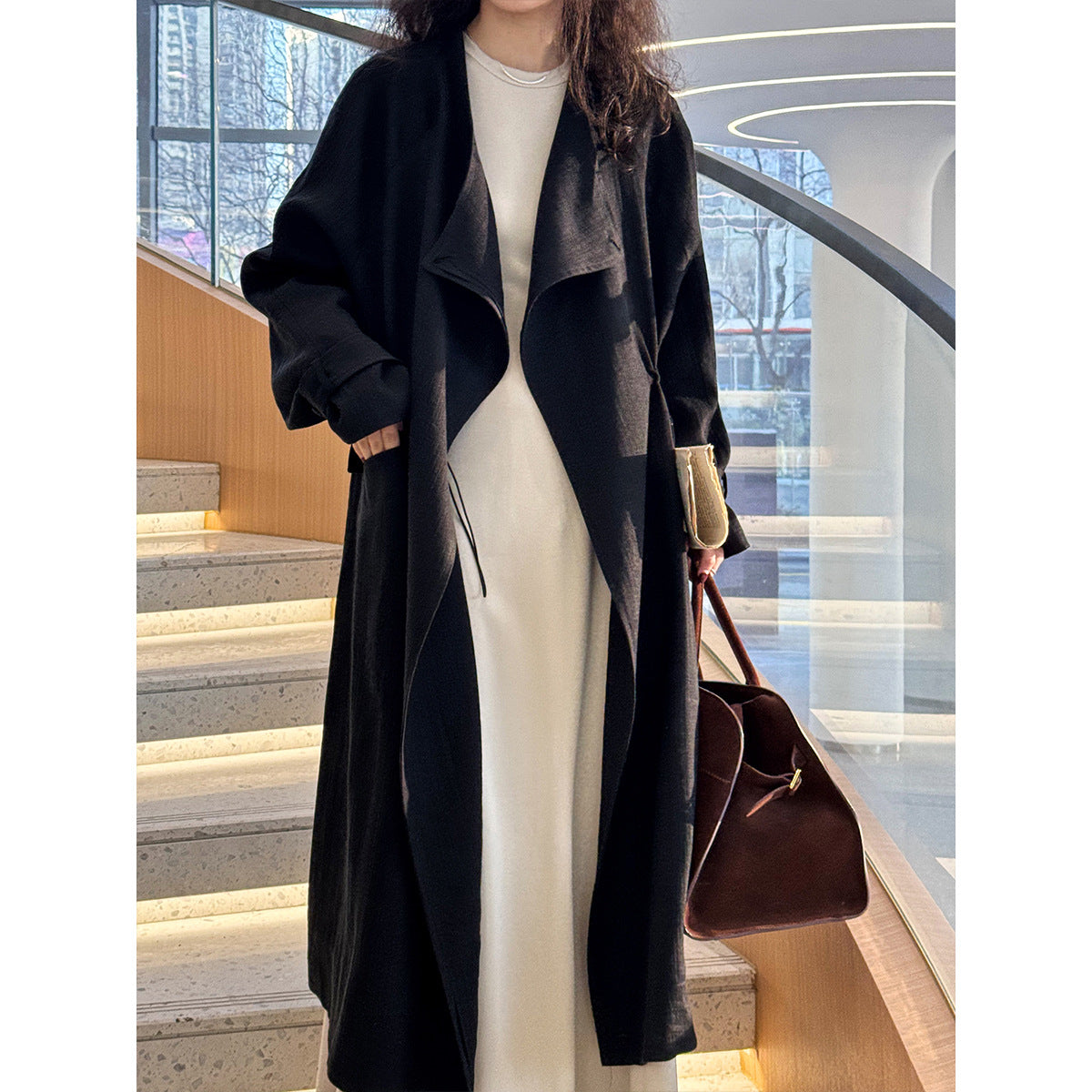 Chinese National below the Knee Trench Coat Women Mid Length Spring Drawstring Cotton Linen Coat