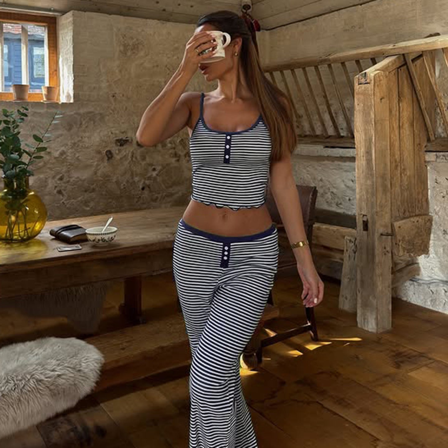 Casual Homewear Striped Contrast Color Breasted Sling Top Trousers Pajamas Two Piece Set for Women