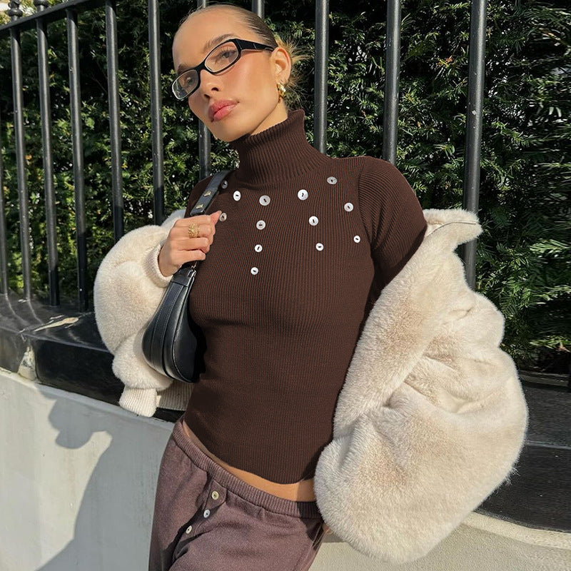 Women Clothing Autumn Personality Slim Fit Shell Button Long Sleeved Top