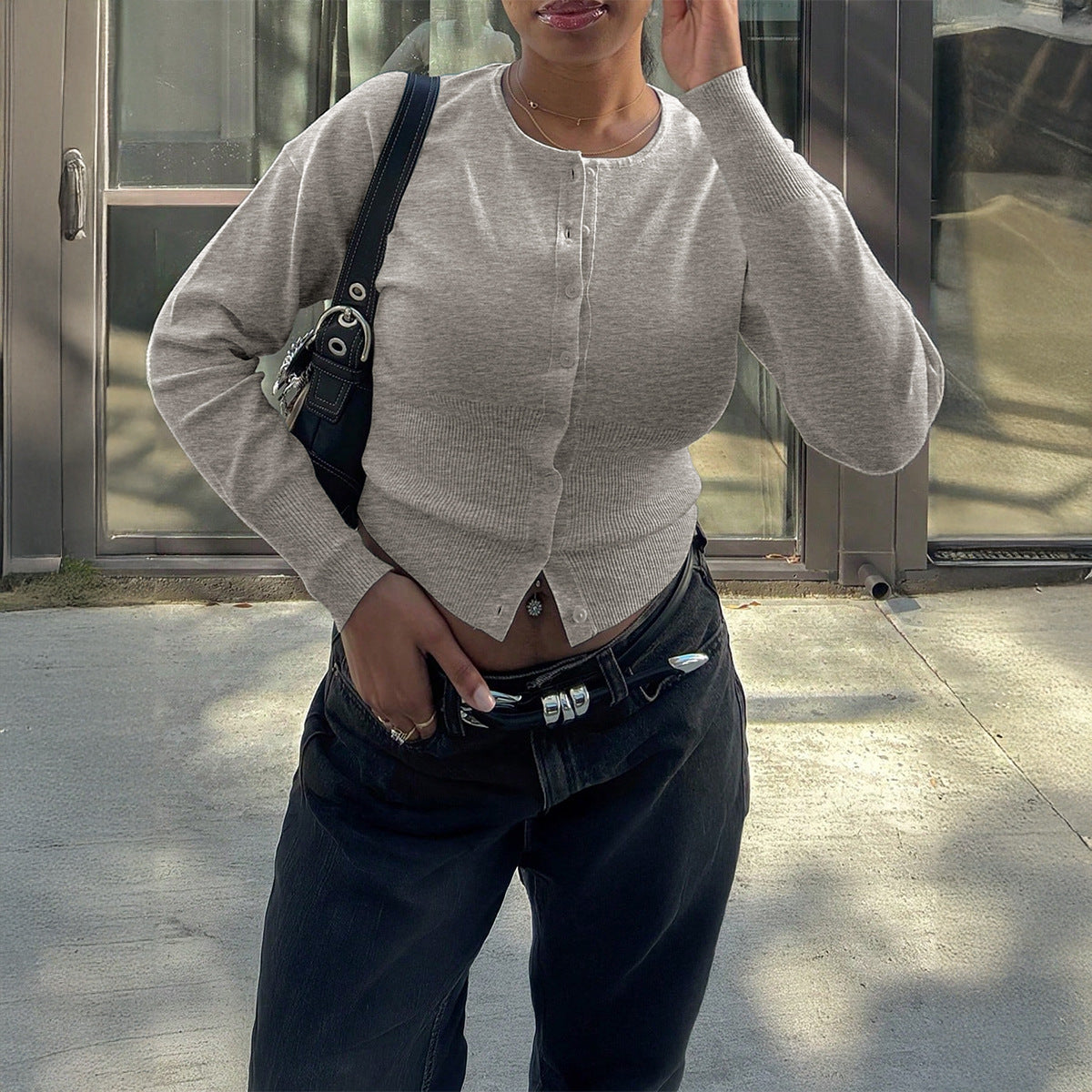 Women Clothing Autumn Winter Casual Solid Color Long Sleeve Shacket Sweaters