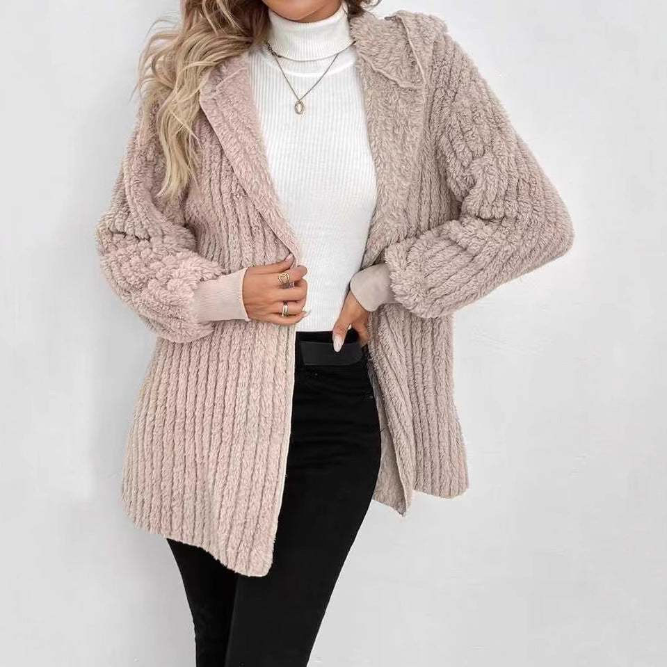 Double Sided Plush Buckle Free Hooded Cardigan Stitching Thread Autumn Winter Coat Women