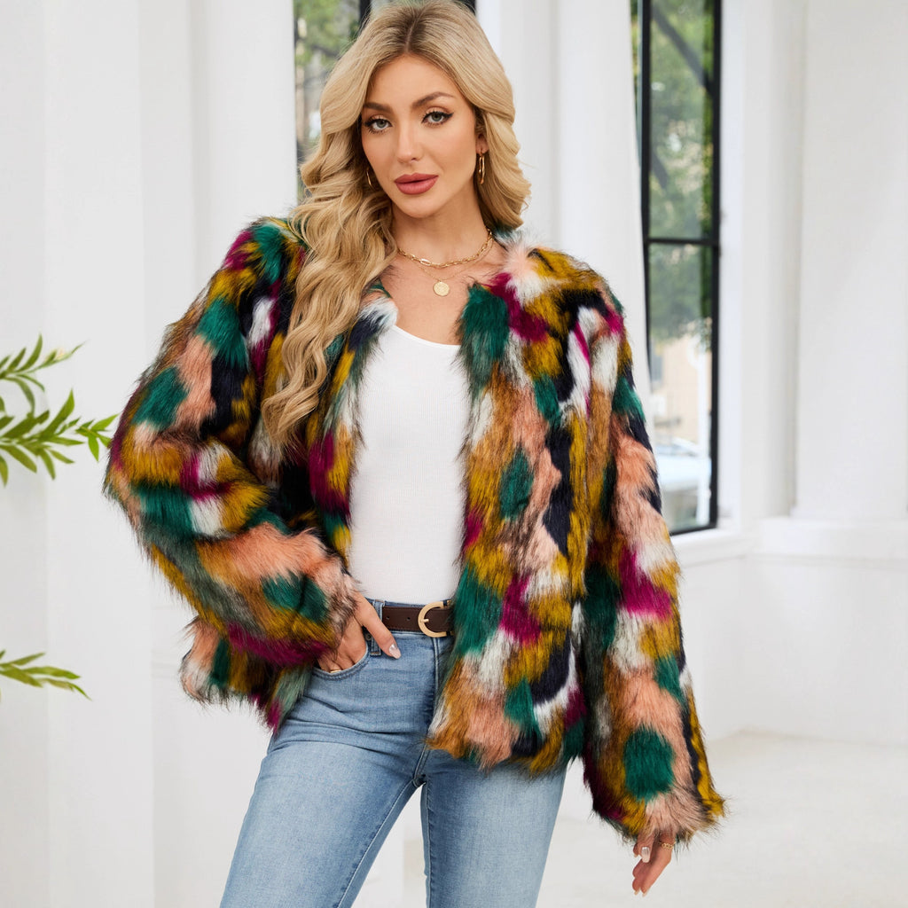 Colorful Fur Faux Fur Coat Short Long Sleeve Collarless Casual Women Winter Faux Fur Coat