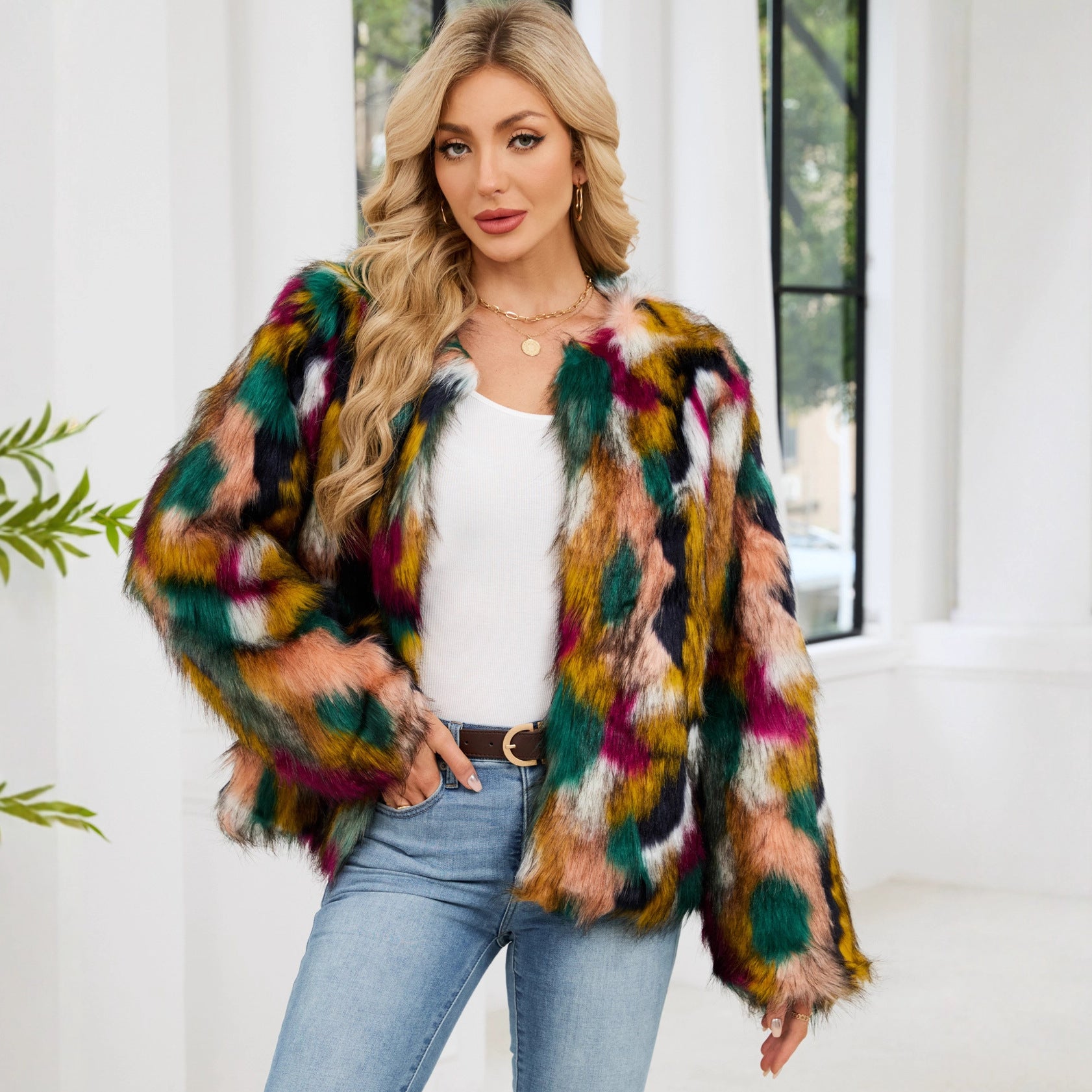 Colorful Fur Faux Fur Coat Short Long Sleeve Collarless Casual Women Winter Faux Fur Coat
