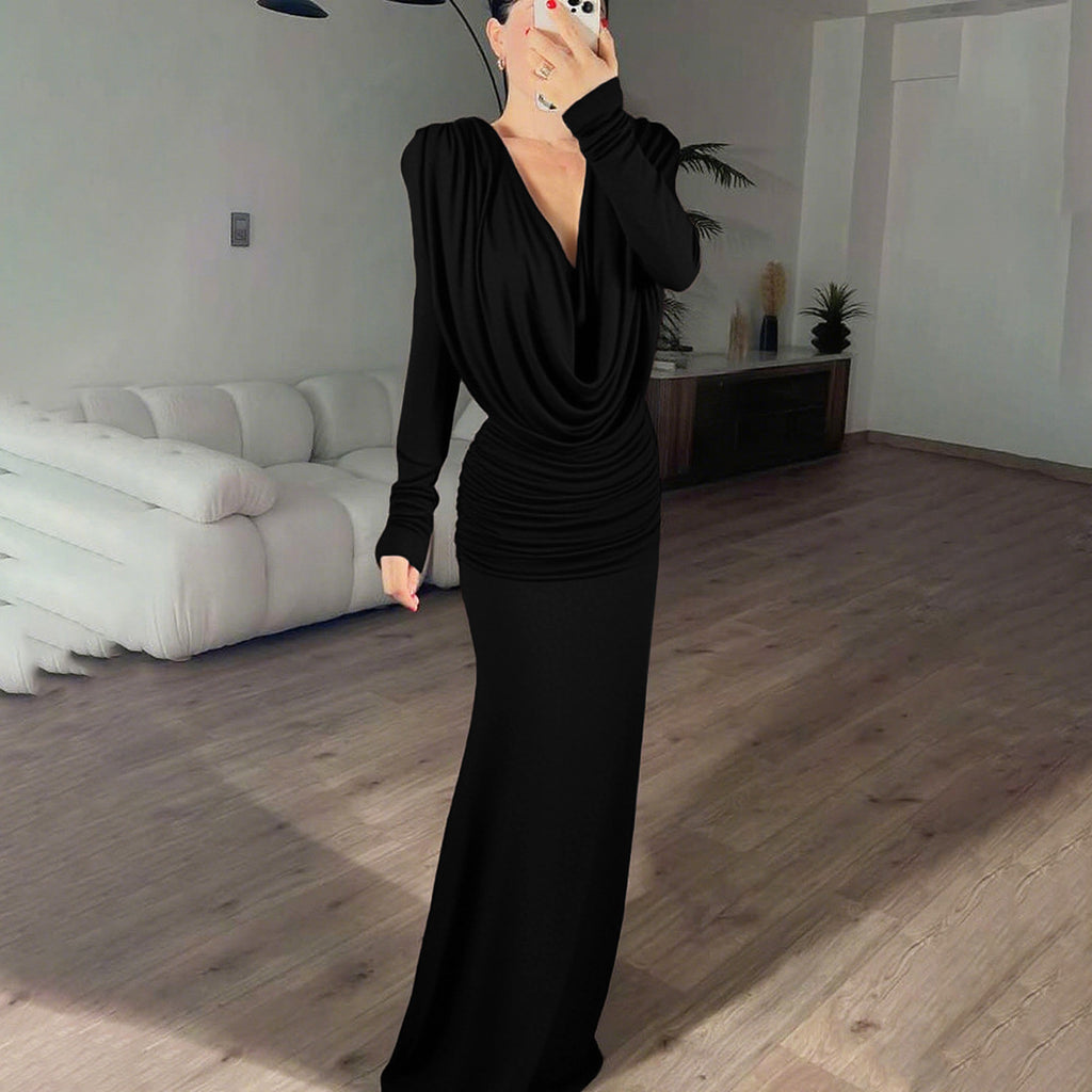 Fall Women Clothing Sexy Backless Swing Collar Slim Pleated Solid Color Long Sleeve Dress