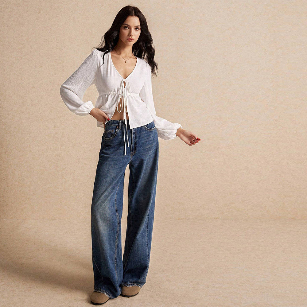 Women Clothing Simple Elegant T shirt Autumn Winter Bandage All Matching Long Sleeve Cardigan Top