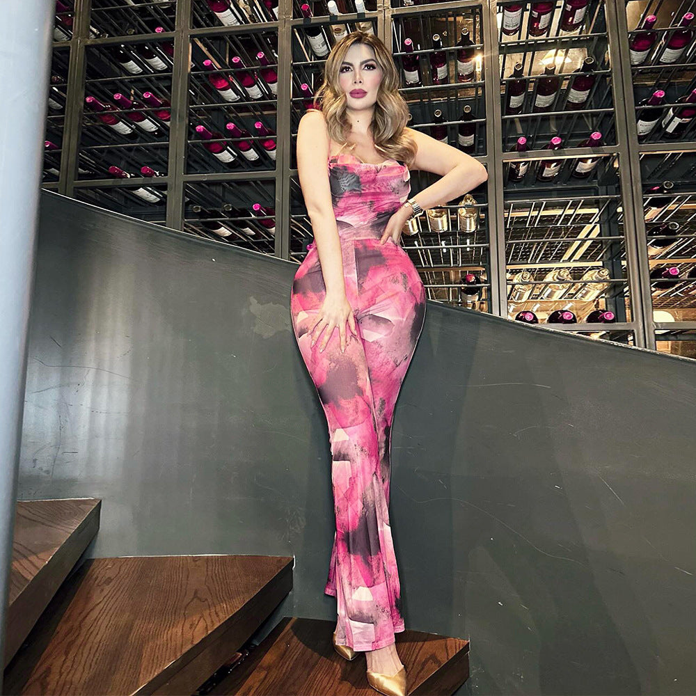 Women Clothing Autumn Mesh Floral Print Backless Sexy Suspenders Jumpsuit