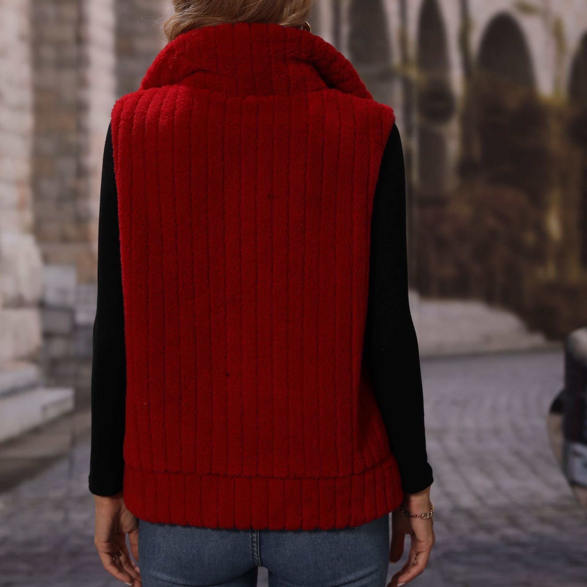 Fall Women Collared Sleeveless Loose Striped Zipper Plush Casual Jacket