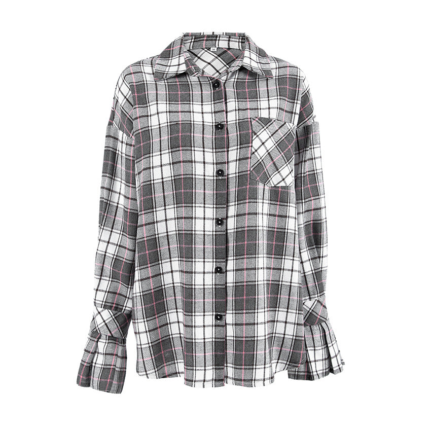 Autumn Winter Wild Classic Polyester Cotton Plaid Long Sleeved Shirt Retro Lazy Casual Women Pocket Loose Shirt