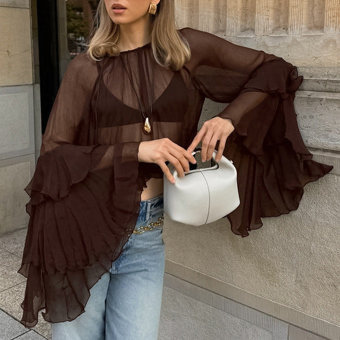 Spring Arrival Women Clothing round Neck Ruffle Sleeve Gentle Loose Chiffon Shirt