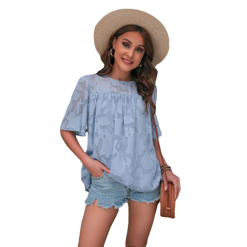 Summer Shirt Women Bell Sleeve Little-Girl Clothes Lace Hollow-out Chiffon Top