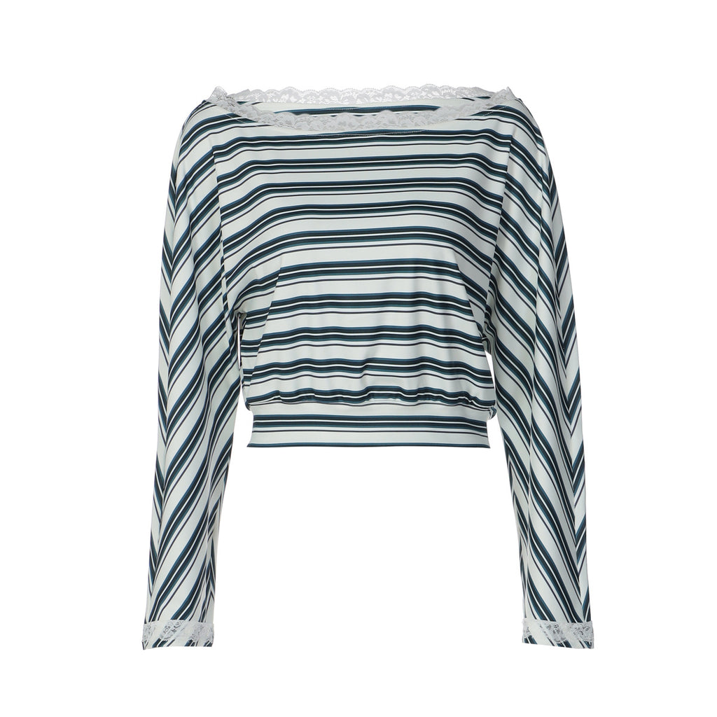 Striped Long Sleeved T shirt for Women Autumn Winter Lace Knitted Top for Women