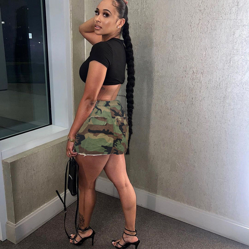 Women Clothing Summer Camouflage Pocket Tassel Hollow Out Cutout Skirt