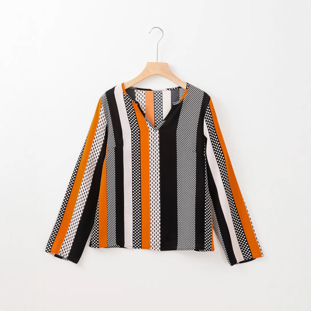 Women Clothing Top Spring Elegant Contrast Color Houndstooth Long Sleeve V neck Pullover