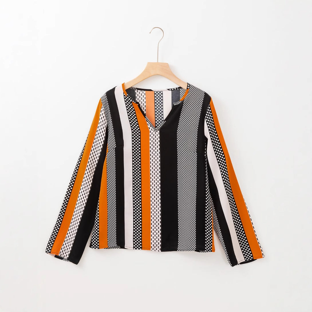 Women Clothing Top Spring Elegant Contrast Color Houndstooth Long Sleeve V neck Pullover