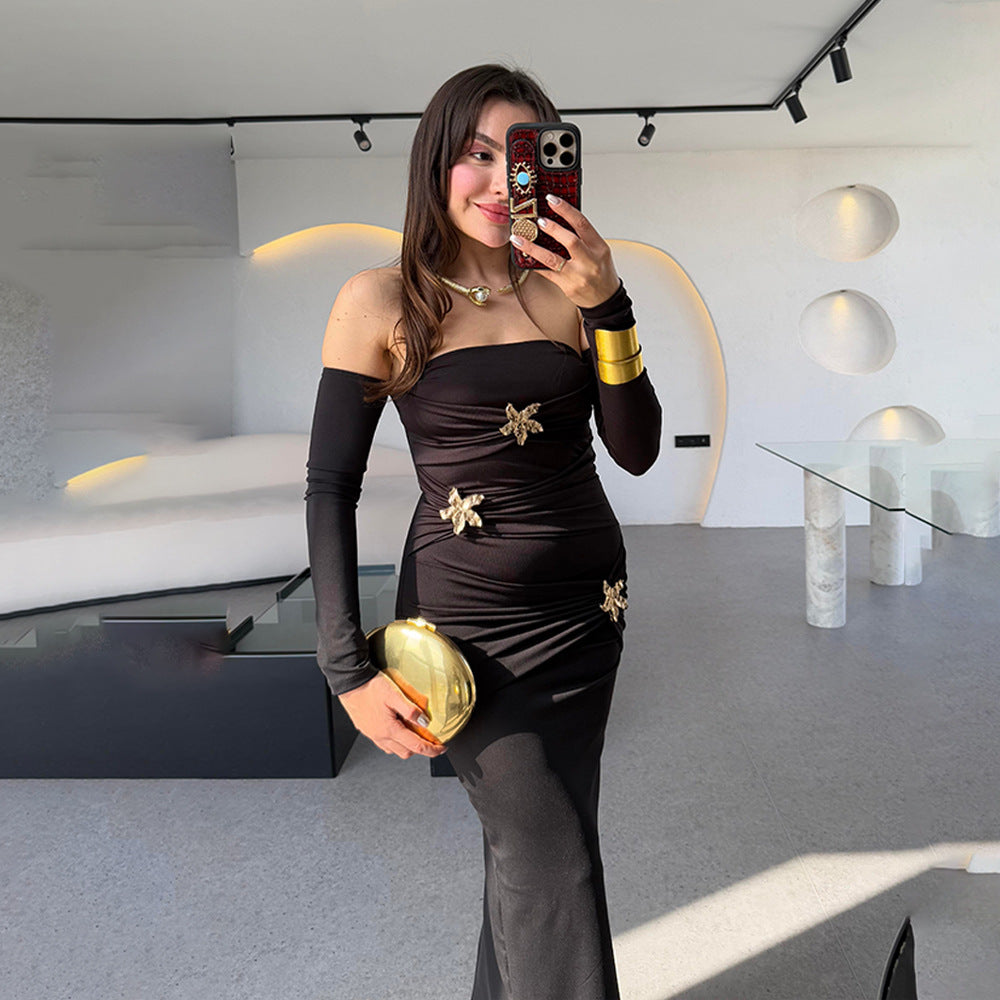 Pleated Long Sleeved Women Dress Fashionable Sexy Sheath Slim Fit Dress