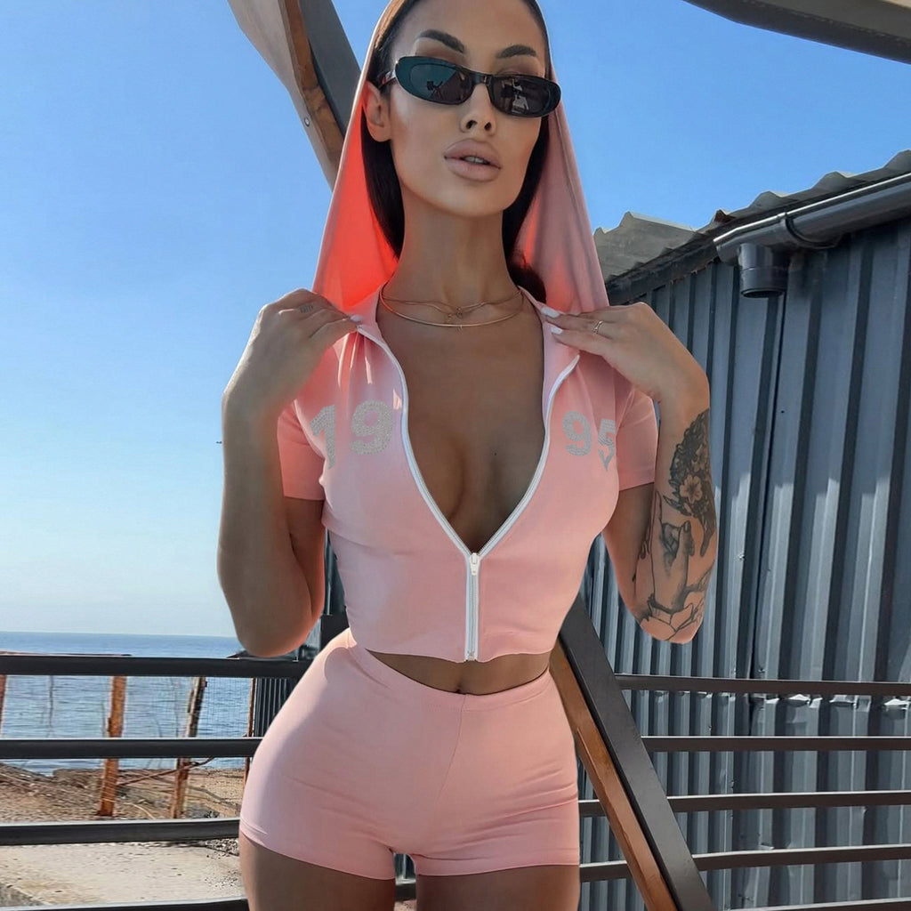 Street Sports Rhinestone Hooded Zipper Short Sleeve Top Hip Shorts Casual Two Piece Set