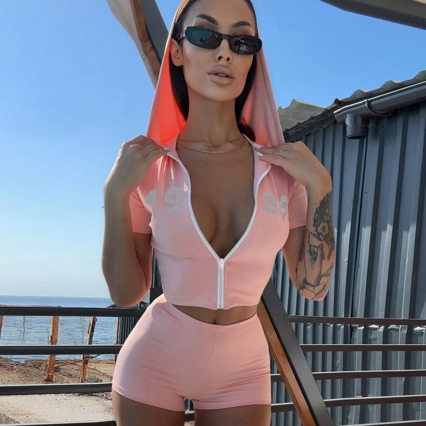 Street Sports Rhinestone Hooded Zipper Short Sleeve Top Hip Shorts Casual Two Piece Set