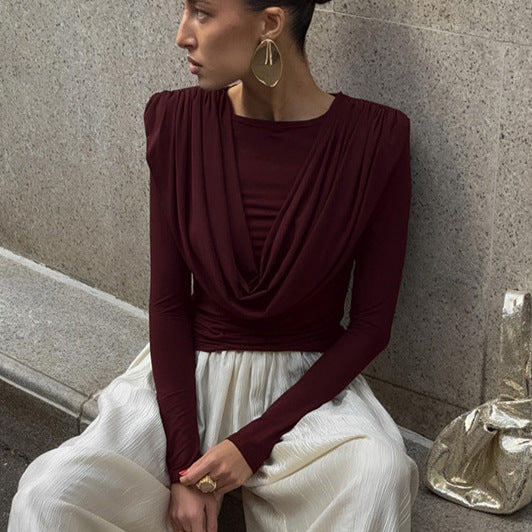 Pleated Waist Tight Swing Collar Long Sleeved T shirt Women Autumn Winter Beautiful Bottoming Top