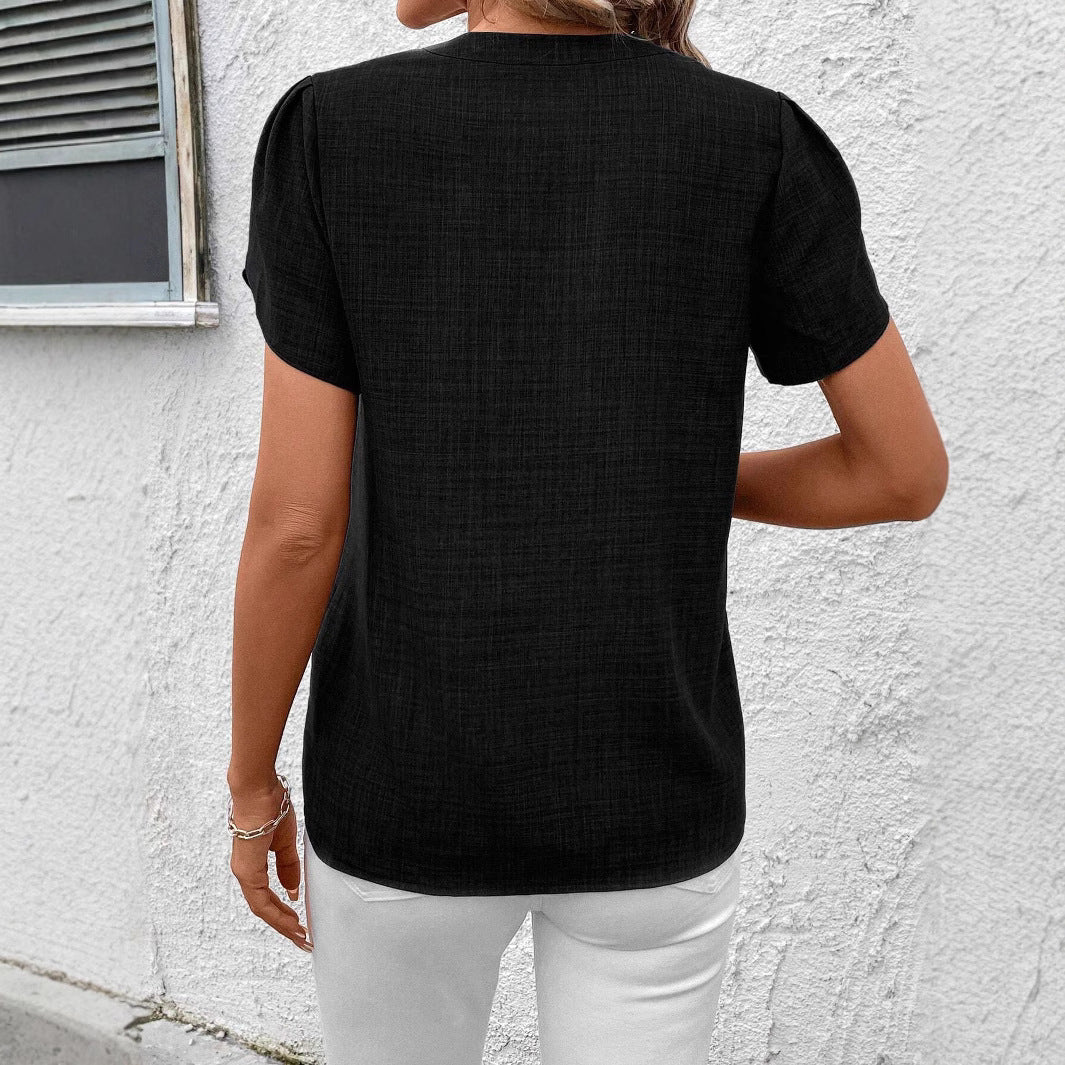 Spring Summer Half Open Collar Short Sleeve Shoulder Wrinkle Pullover Solid Color Printing Shirt T Top for Women