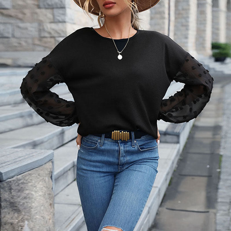 Haut uni automne-hiver femme noir en maille avec dentelle