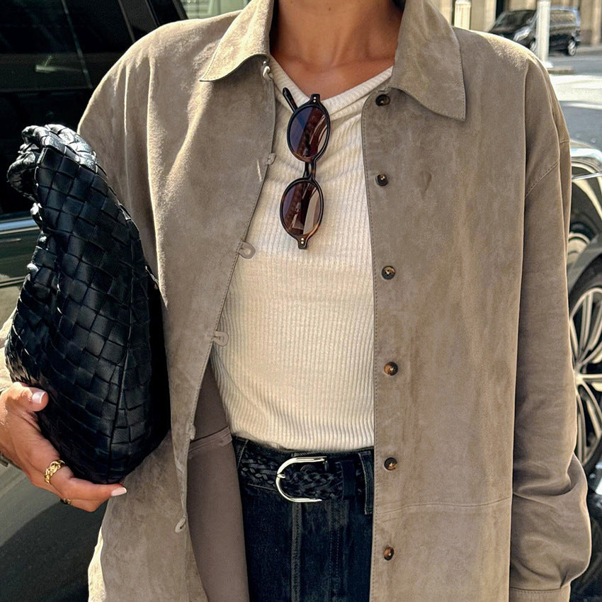Spring Summer Retro Khaki Knitted Suede Fabric Loose Lapels Shirt Sleeve Minority Shirt Women