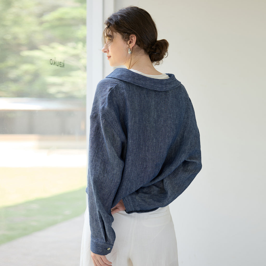 Faux Two Piece Linen Yarn Dyed Women Top Autumn Winter Deep V Plunge Collared Shirt White Vest Stitching