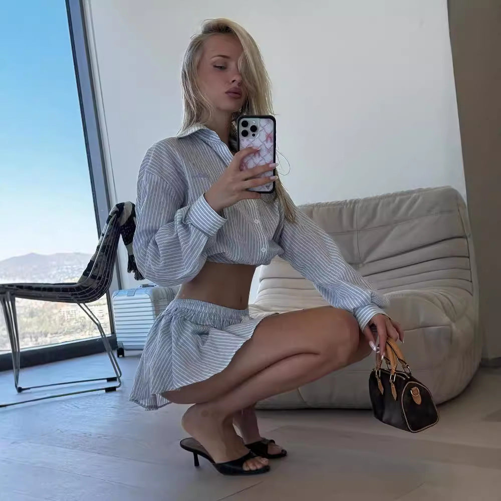 Casual Women Striped Long Sleeved Shirt Simple High Waist Lace up A Type Umbrella Skirt Set Two Piece Set Autumn