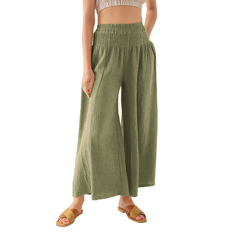 Women Summer Wide Leg Pants Loose Elastic High Waist Pure Cotton Double Layer Gauze Breathable Casual Yoga Pants