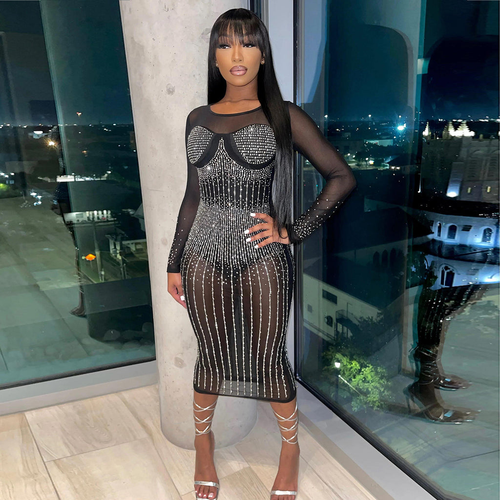 Autumn Winter Women Clothing Sexy Mesh Rhinestone Jumpsuit Long Sleeve Dress