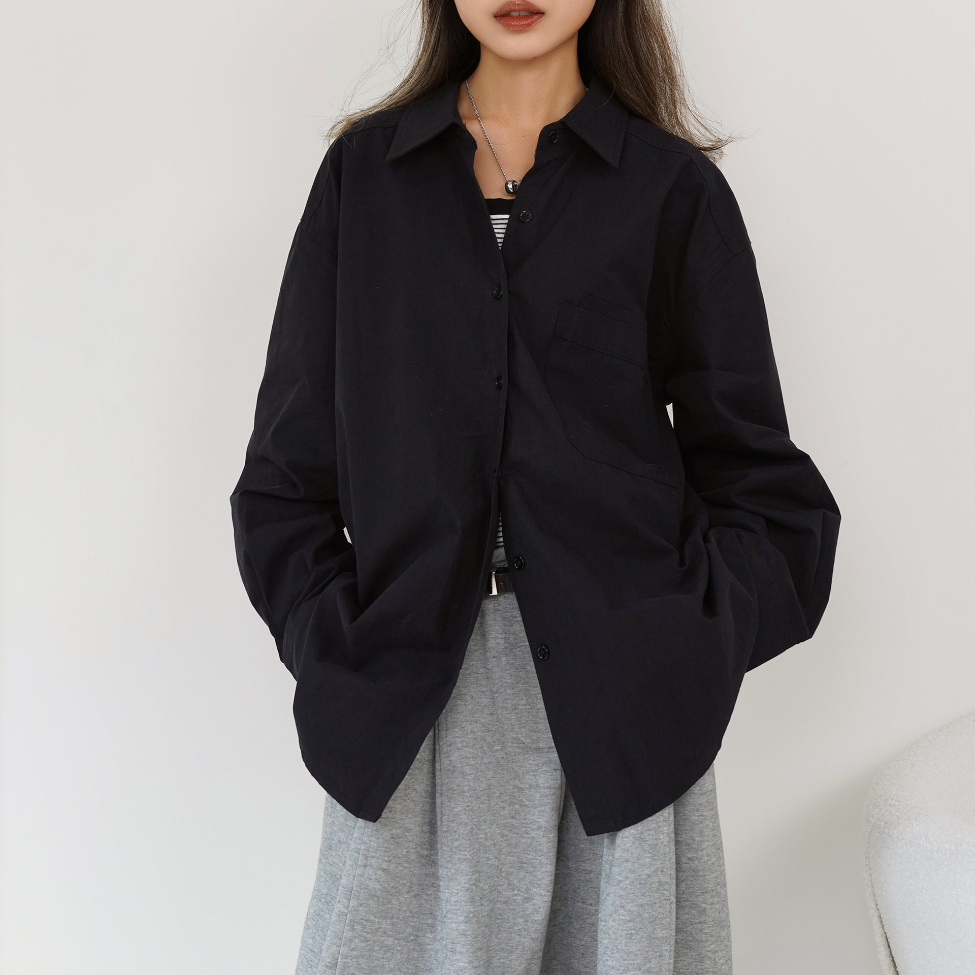 Basic Double Pocket Cotton Shirt Women Autumn Solid Color Polo Collar Top Single Breasted Long Sleeve Cardigan