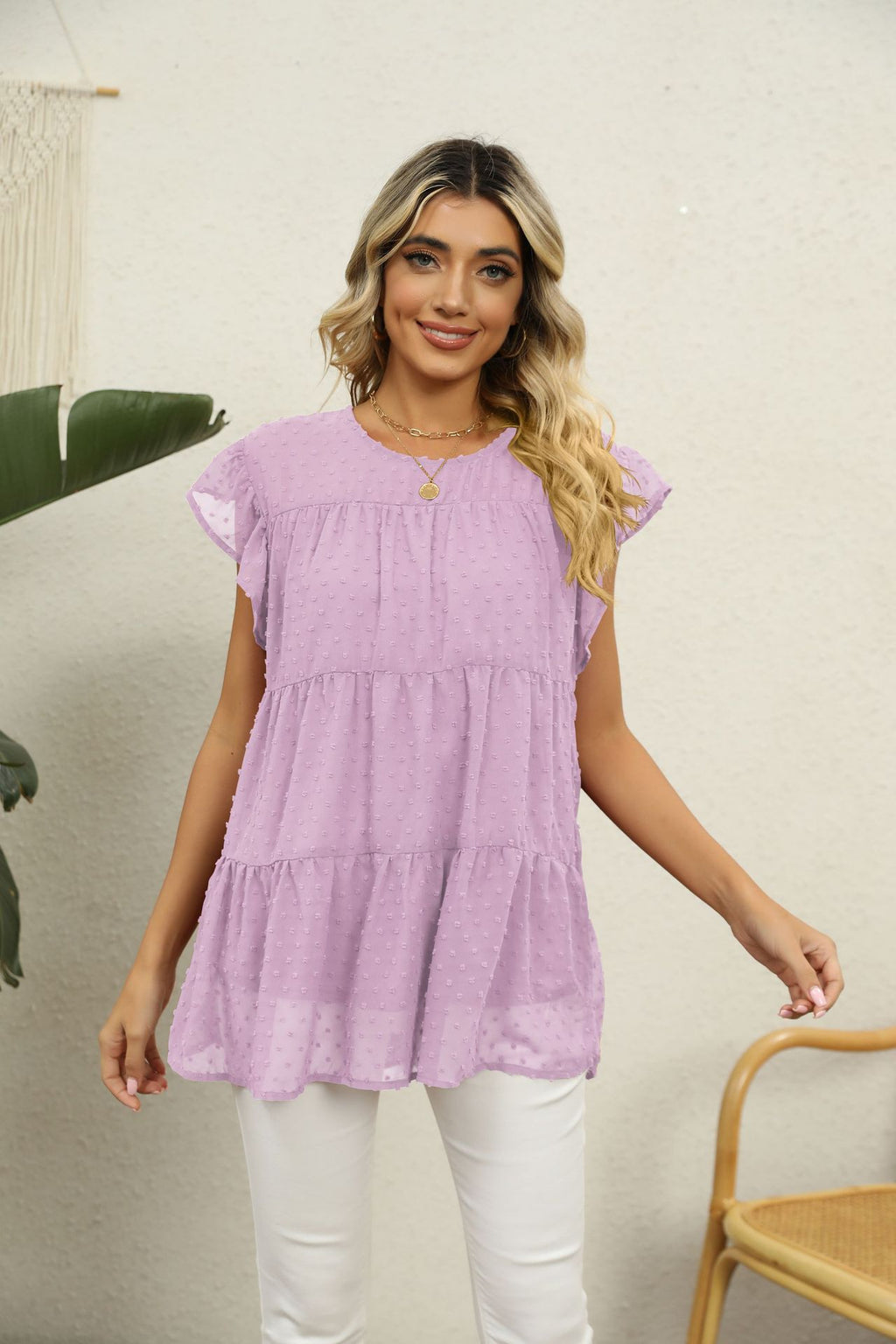 Jacquard Loose Fitting Casual Comfortable Stitching Short Sleeved Top