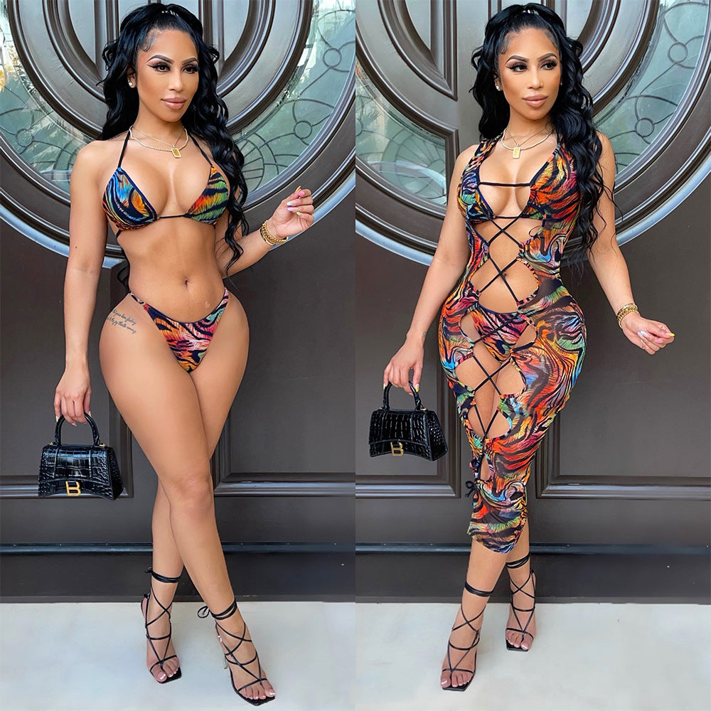 Sexy Women Wear Mesh Floral Print Sheer Cutout Swimsuit Dress Women Three Piece Suit