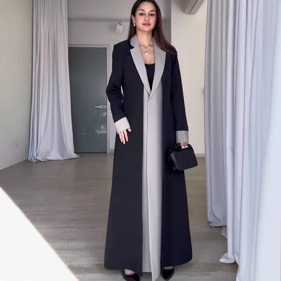 Long Collar Stitching Contrast Color Trench Coat Women Office Coat