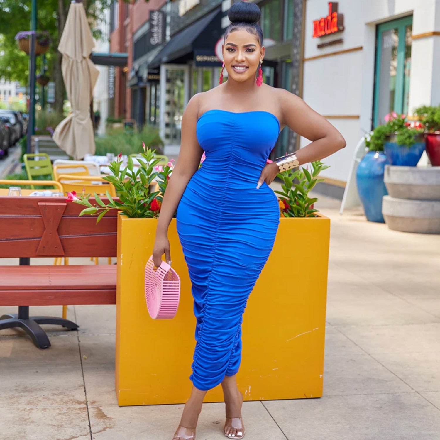 Women Clothing Sexy Bandeau Pleated Solid Color Dress Midi Dress