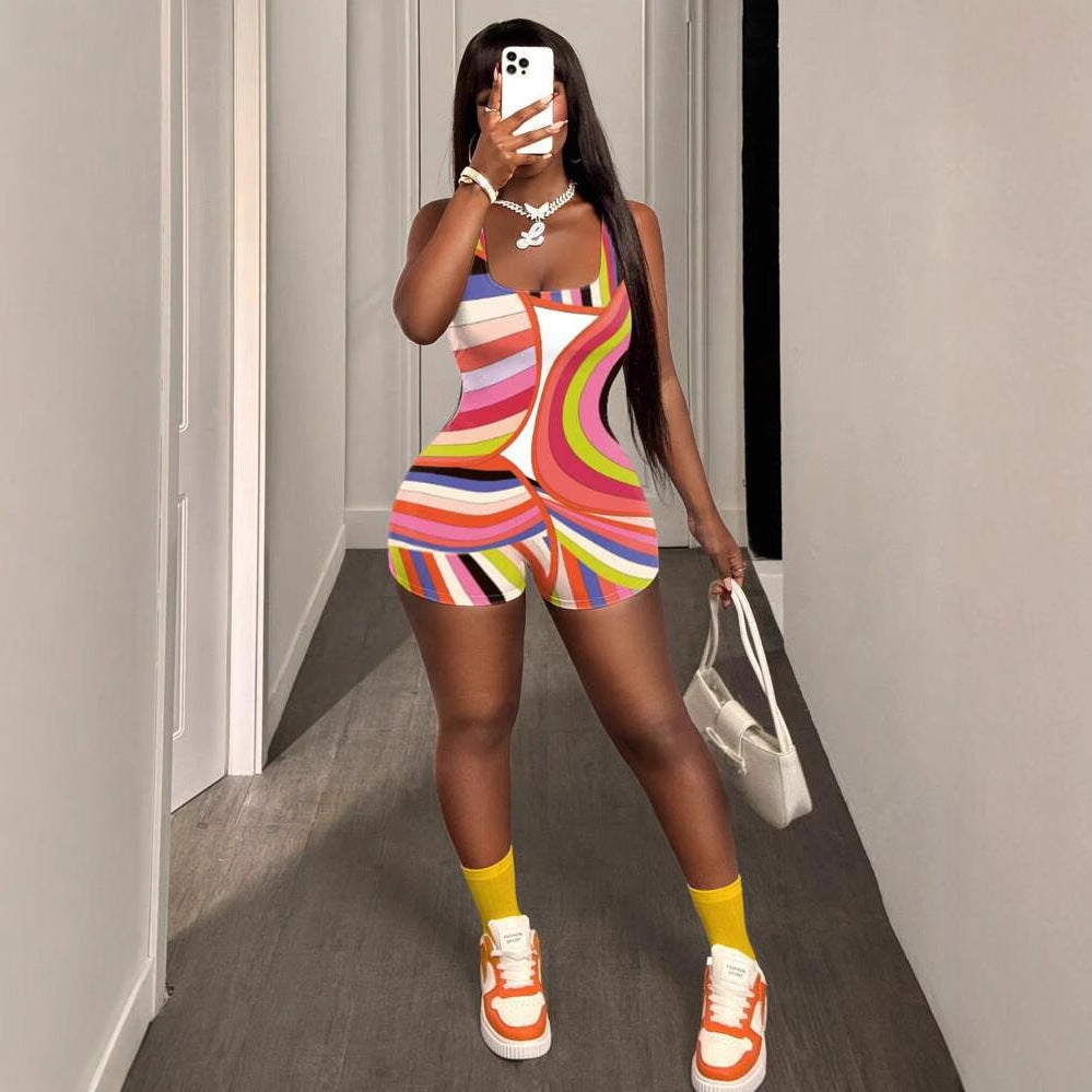 Summer Women Sexy Slim Fit Printed Suspenders U Collar Hip Shorts Jumpsuit Women