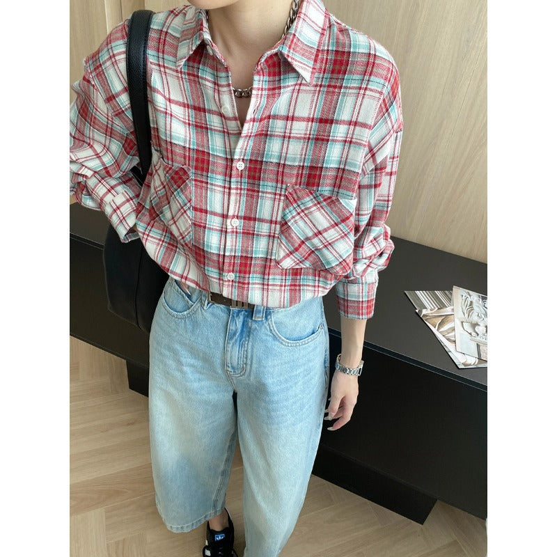 Early Autumn Retro Double Pocket Contrast Color Check Loose Casual Shirt Cotton