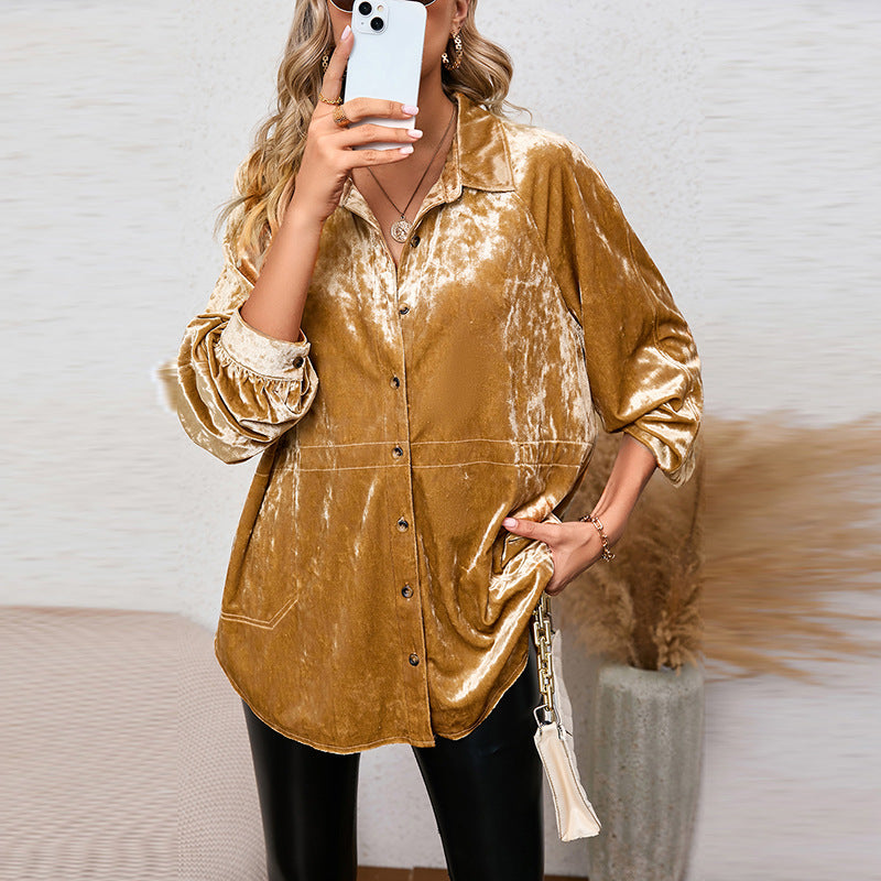 Fall Solid Color Buttons Long-Sleeved Shirt for Women Loose Slim Fit Velvet Shirt for Women