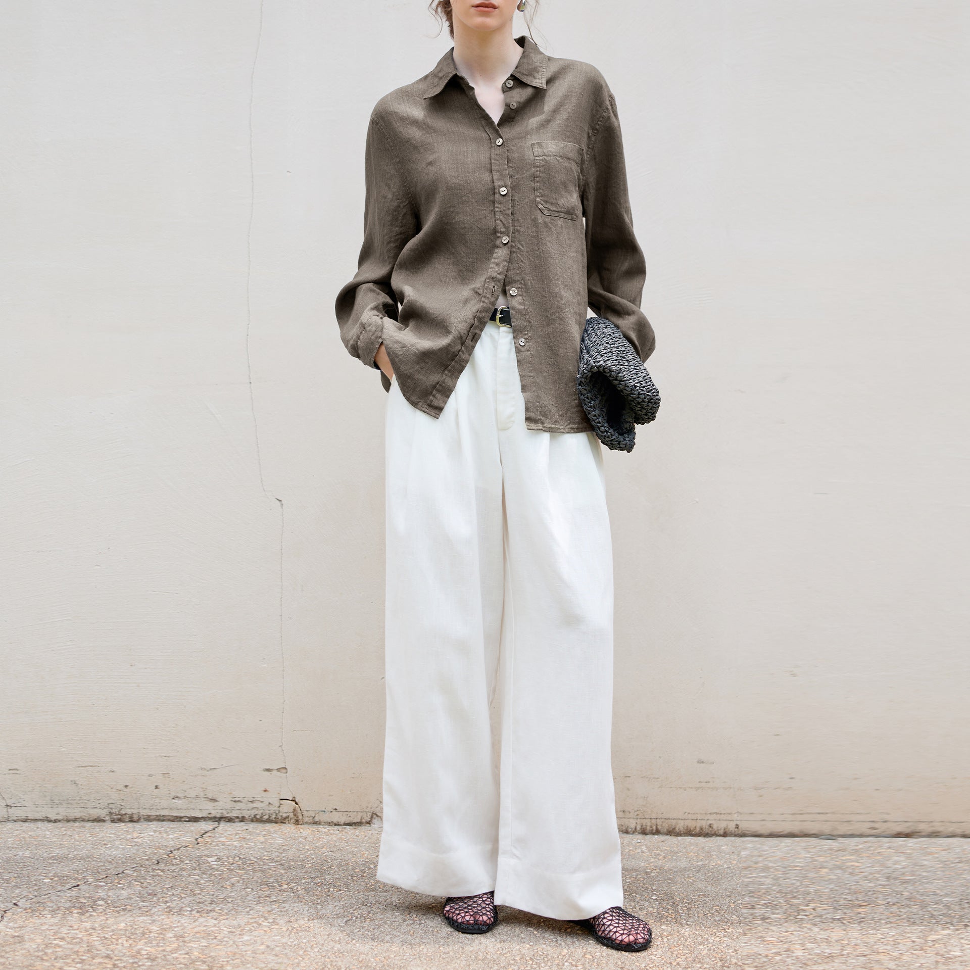 Long Linen Sleeves Shirt Women Minimalist Relaxed Single Breasted Shirt Autumn Winter Tencel Linen Solid Color Top