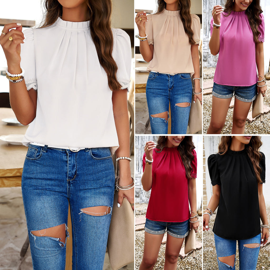 Women Clothing Spring Summer Casual Solid Color Short Sleeve Top