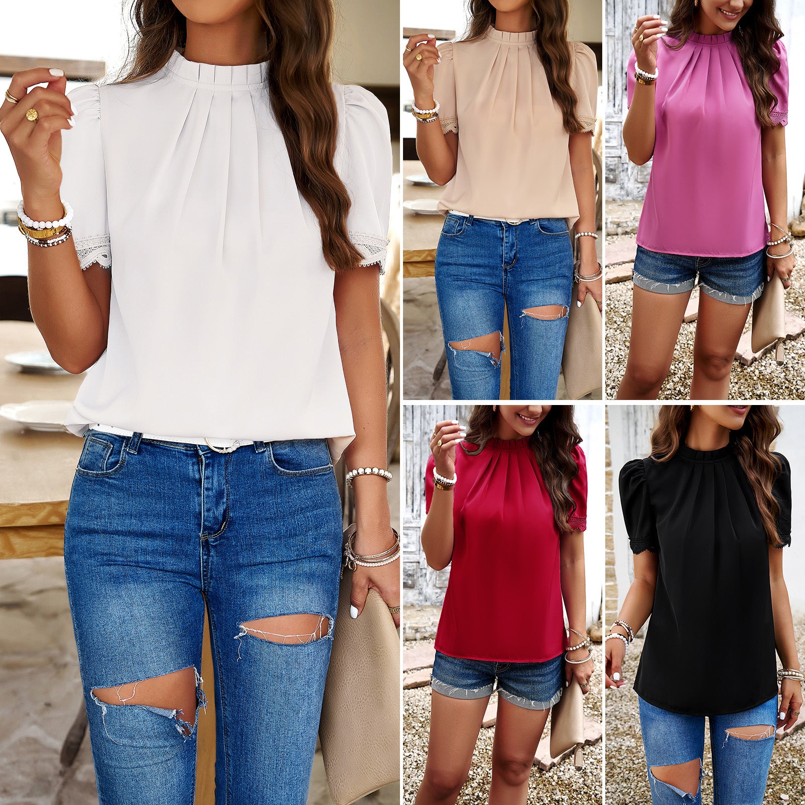 Women Clothing Spring Summer Casual Solid Color Short Sleeve Top