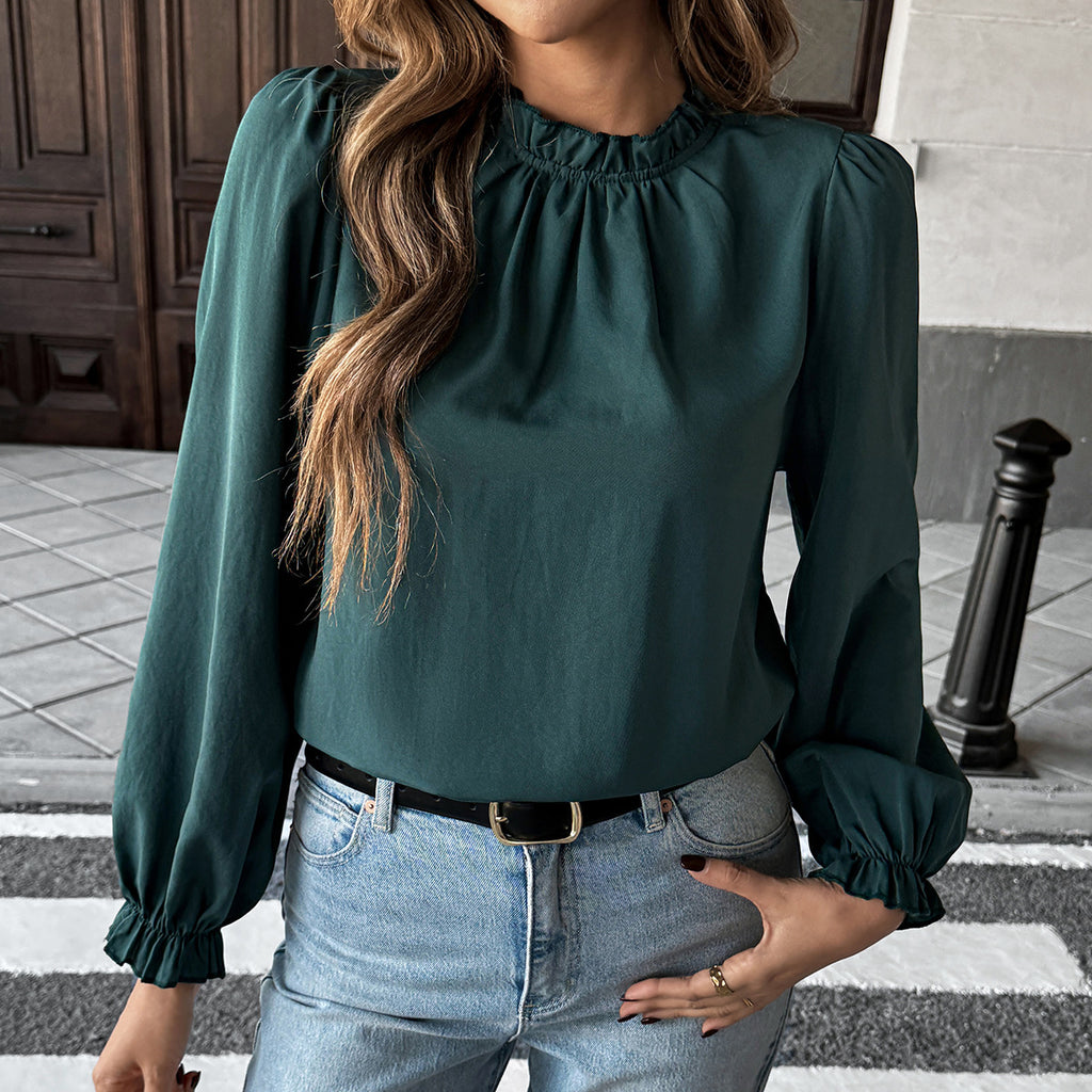 Vacation Casual Ruffled Solid Color Shirt Women Clothing Summer
