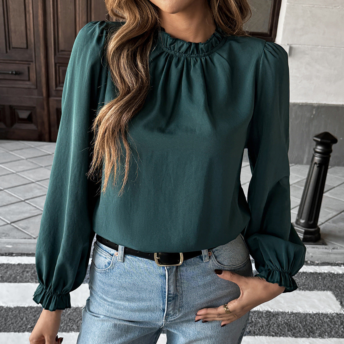 Vacation Casual Ruffled Solid Color Shirt Women Clothing Summer