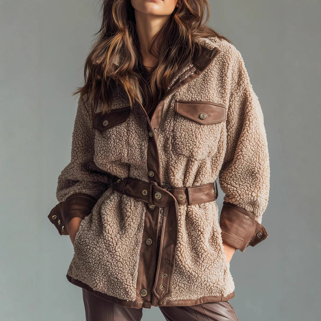 Autumn Winter Women Clothing Thickened Lamb Buy Stitching Faux Leather Pocket Leather Belt Retro Coat